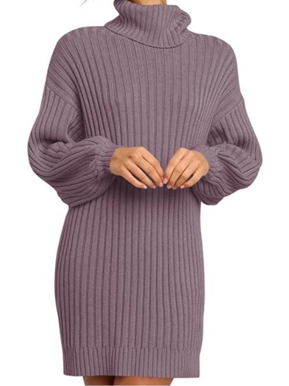 Anrabess Oversized Turtleneck Ribbed Knit Sweater Dress Batwing Mauve Size M